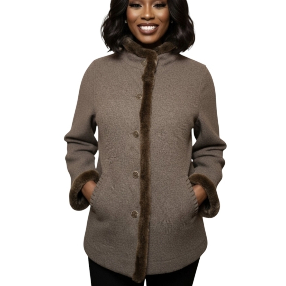 J. Jill Wool Fur Jacket Medium Light Brown Neutral Heavy Coat Thick Luxury